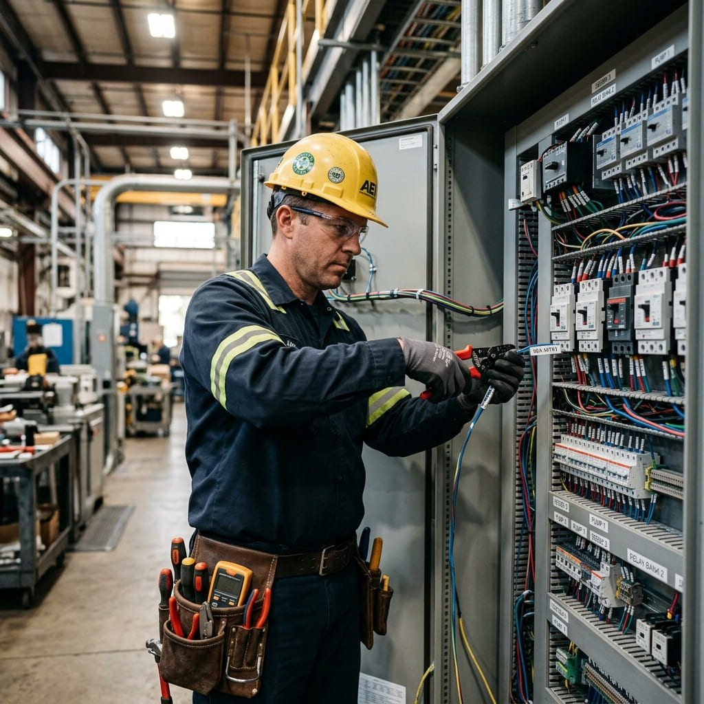 Electricista profesional trabajando en tablero eléctrico en Cajamarca