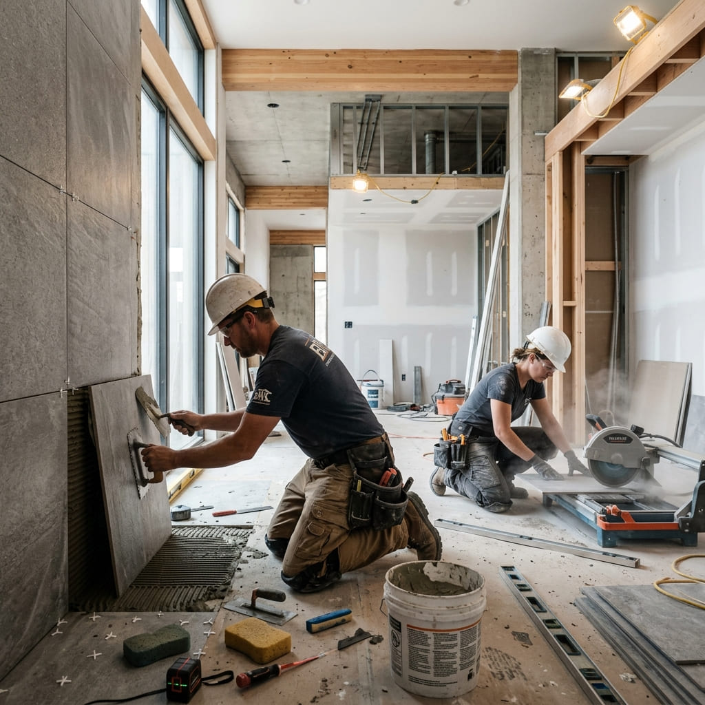 Albañil construyendo muro de ladrillo en obra de Cajamarca